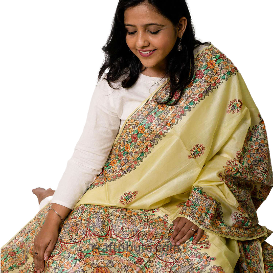 Madhubani hand painted dupatta in Bangalore Silk