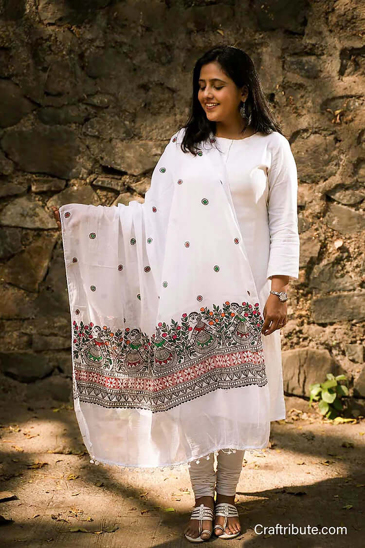 Madhubani hand painted Cotton Silk Dupatta - White Chaufula