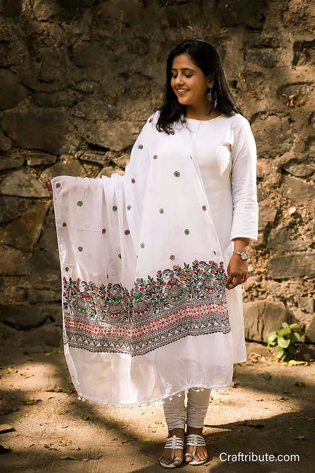 Madhubani hand painted Cotton Silk Dupatta - White Chaufula