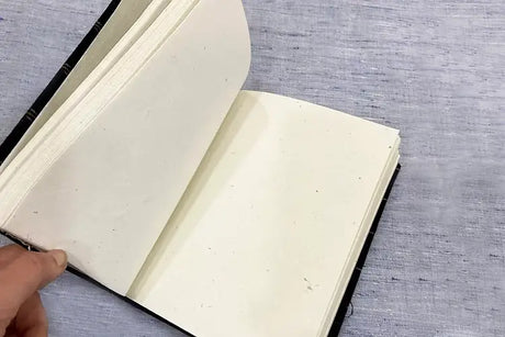 Inside Pages view of Handmade Paper Notebook with elastic band – Golden Flowers