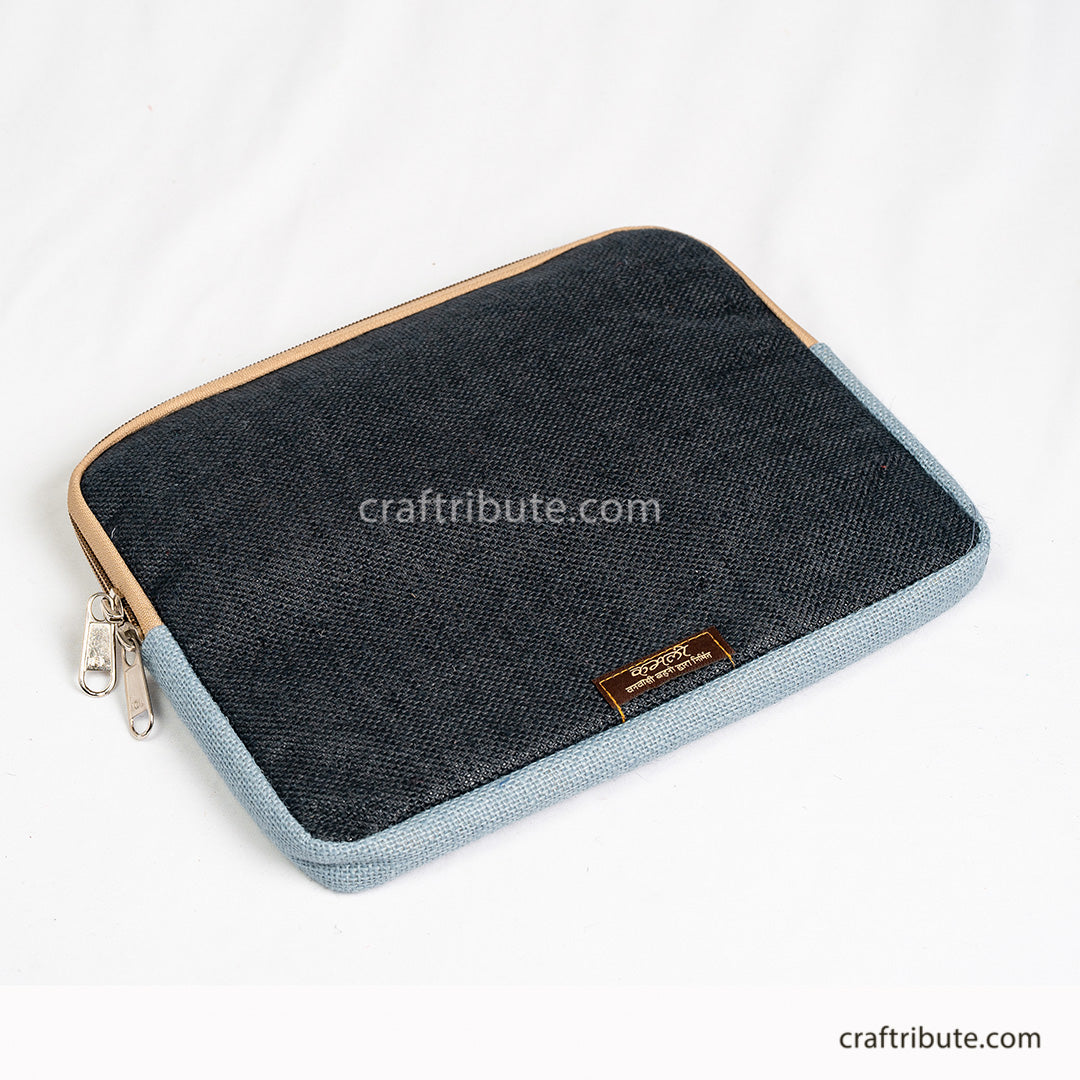 Back view of hand embroidered jute 11" iPad/Tablet sleeve