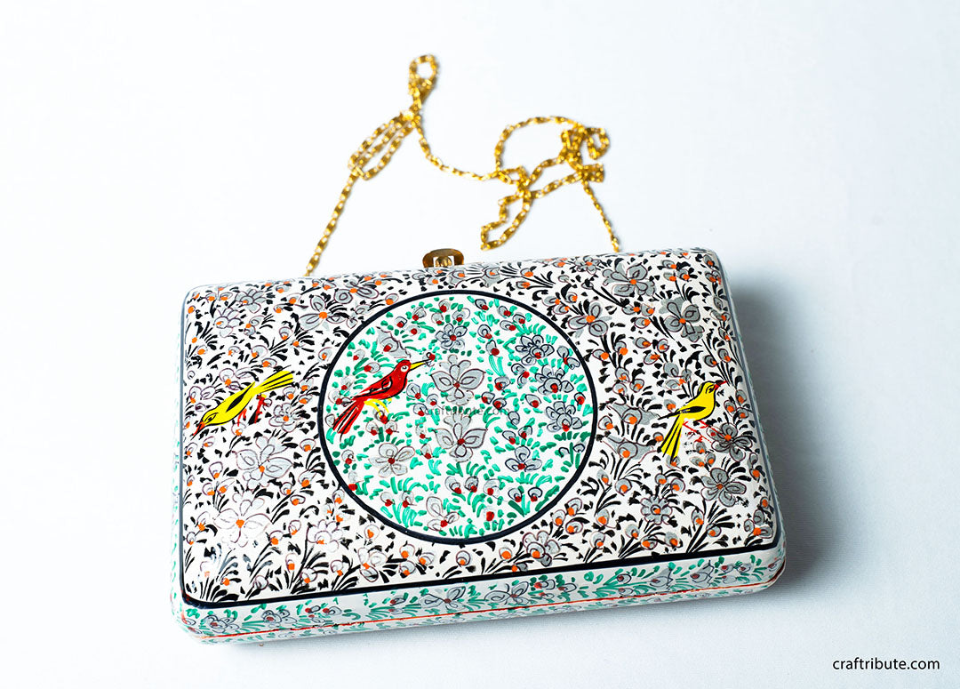 Hand painted Kashmir Naqashi Clutch – Silver & Green