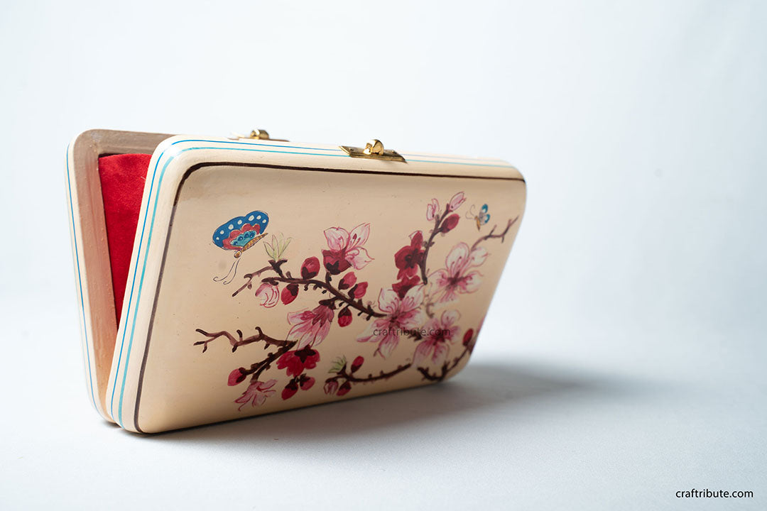 Hand painted Kashmir Naqashi Clutch – Cherry Blossom