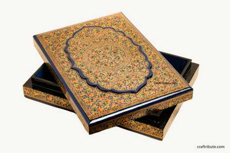 Hand painted open Jewellery Box in Blue and Golden with intricate Naqashi Design from Srinagar, Kashmir