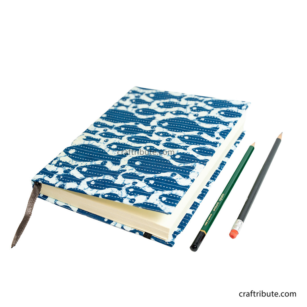 Handmade Paper Notebook | Craftribute | 60 Pages | Indigo-Fish Design | 15 cm x 20 cm x 2 cm