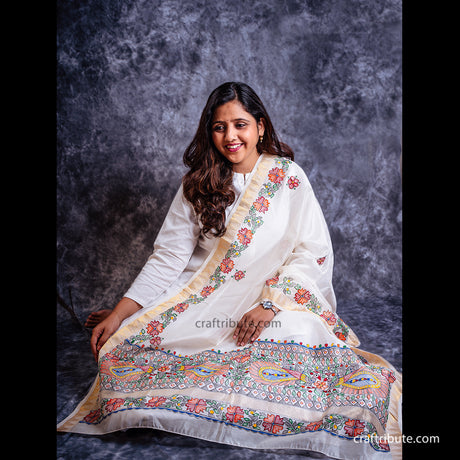 Hand painted Chanderi silk dupatta with Madhubani  painting