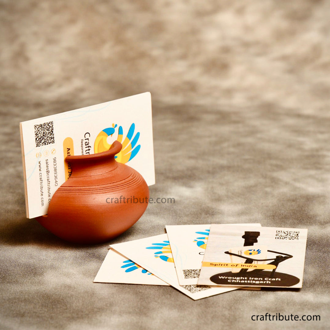 Terracotta Handcrafted Cracked Pot Design Visiting Card Holder holding Craftribute Art & Decor visiting cards
