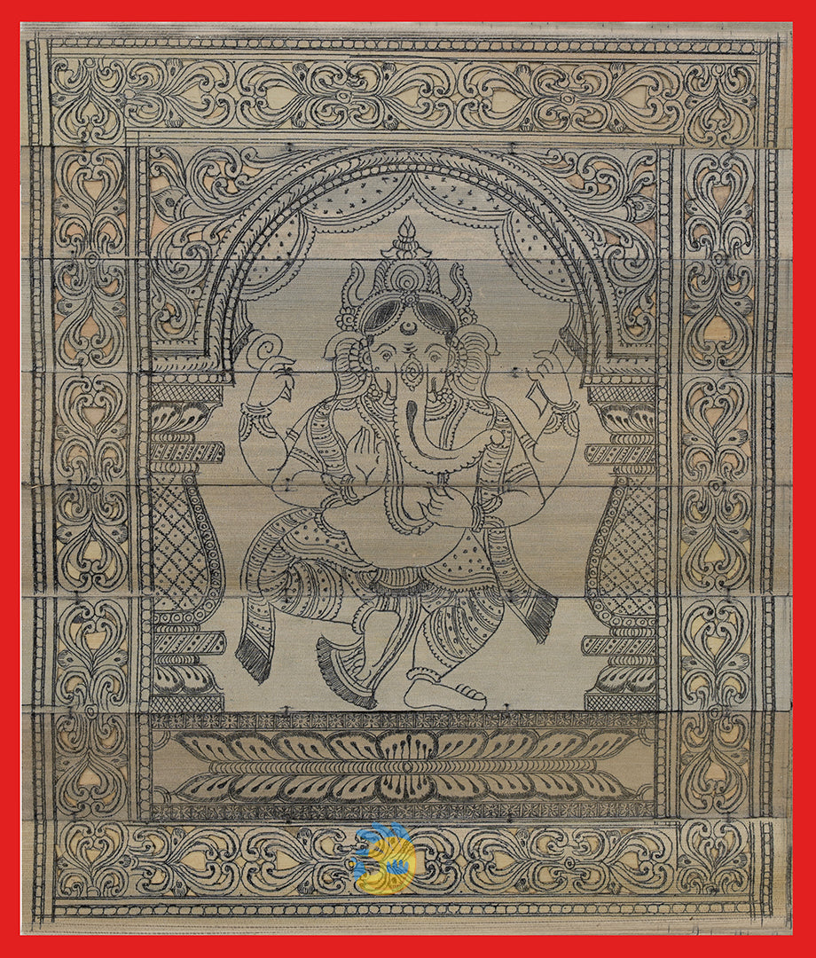 Intricate Palm Leaf Painting with red border depicting Dancing Ganesha celebrating the sacred traditions of Odisha