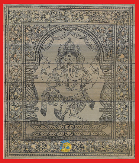 Intricate Palm Leaf Painting with red border depicting Dancing Ganesha celebrating the sacred traditions of Odisha