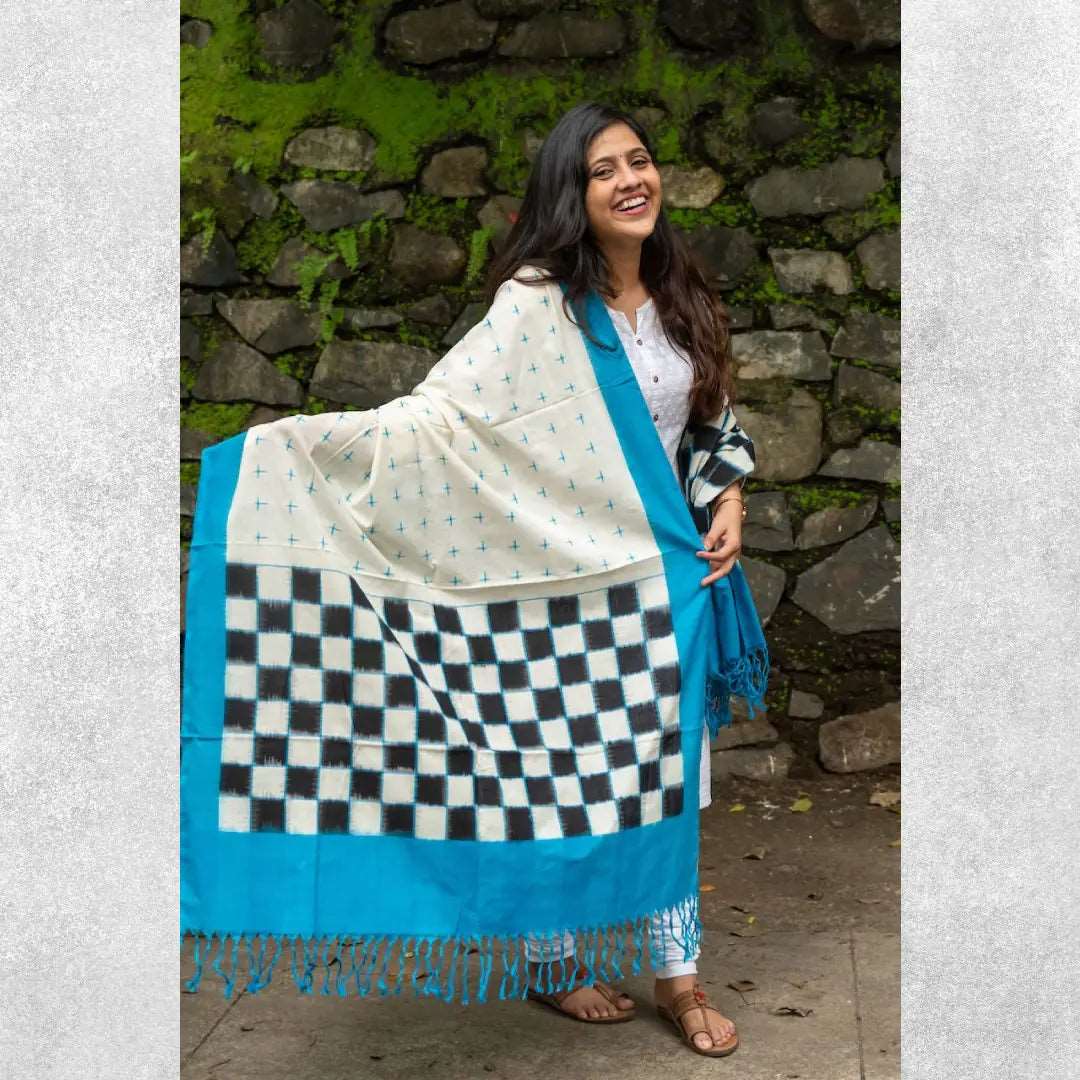 Pochampally Paagadu Bandhu (Double Ikat) Blue Dupatta with Checks