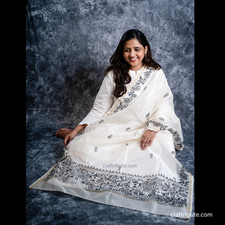 Off white Chanderi silk dupatta with elephants design in black, hand painted by artisans from Madhubani, Bihar