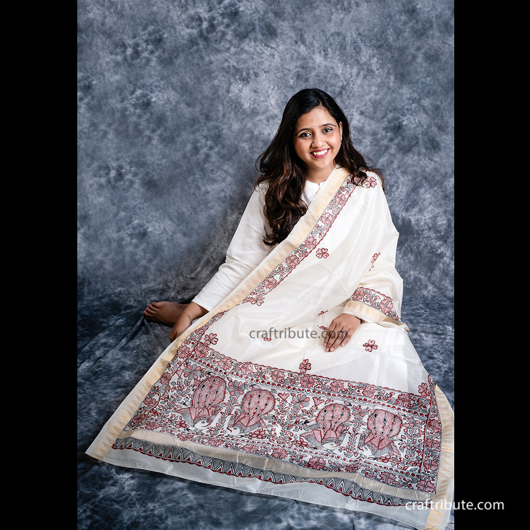 Hand painted Chanderi silk dupatta with fish and peacock design in red and black