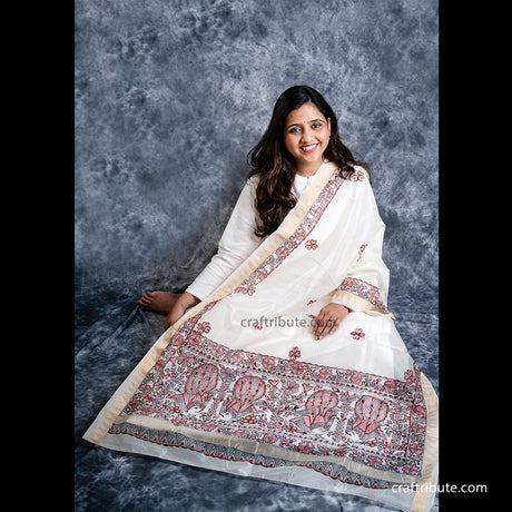 Hand painted Chanderi silk dupatta with fish and peacock design in red and black