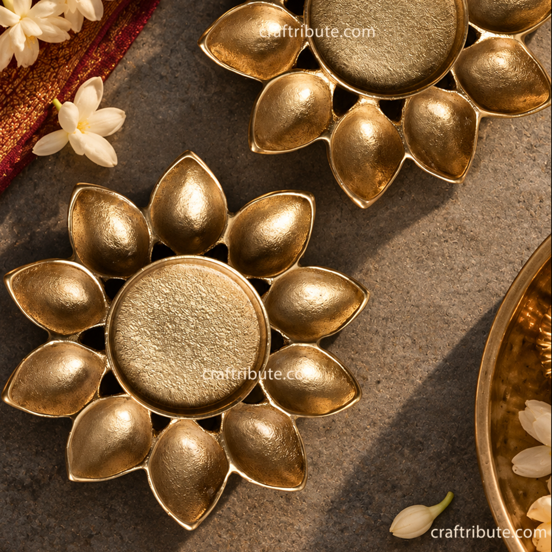 Handcrafted Brass Floral Tea Light Holder | Single Layer | Diameter 10 cm | Craftribute