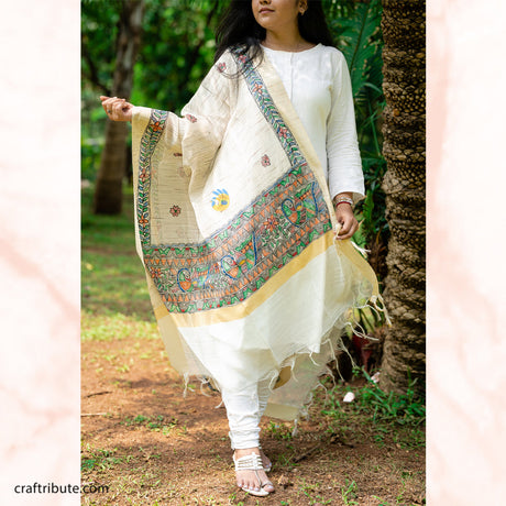 Madhubani Cotton Silk Dupatta – Peacocks