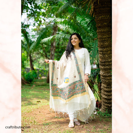 Madhubani Cotton Silk Dupatta – Peacocks