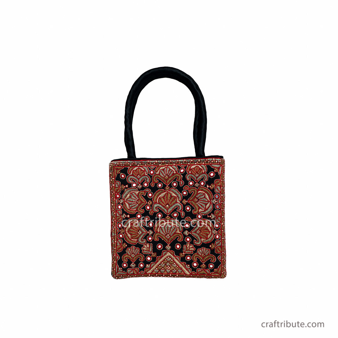 Black & Red floral design hand embroidered bag in Kutch Pakko Embroidery style