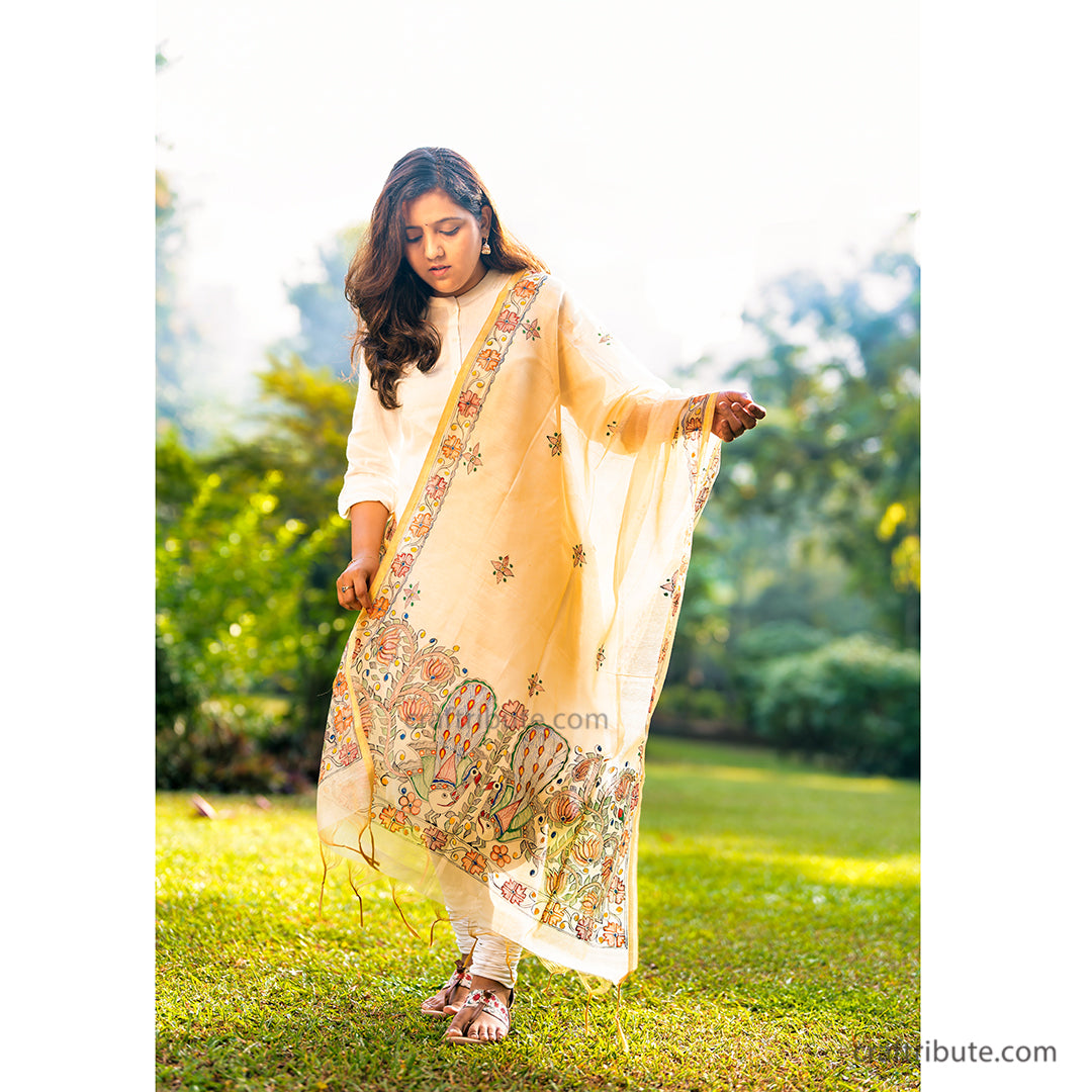 Madhubani hand painted Dupatta - Golden