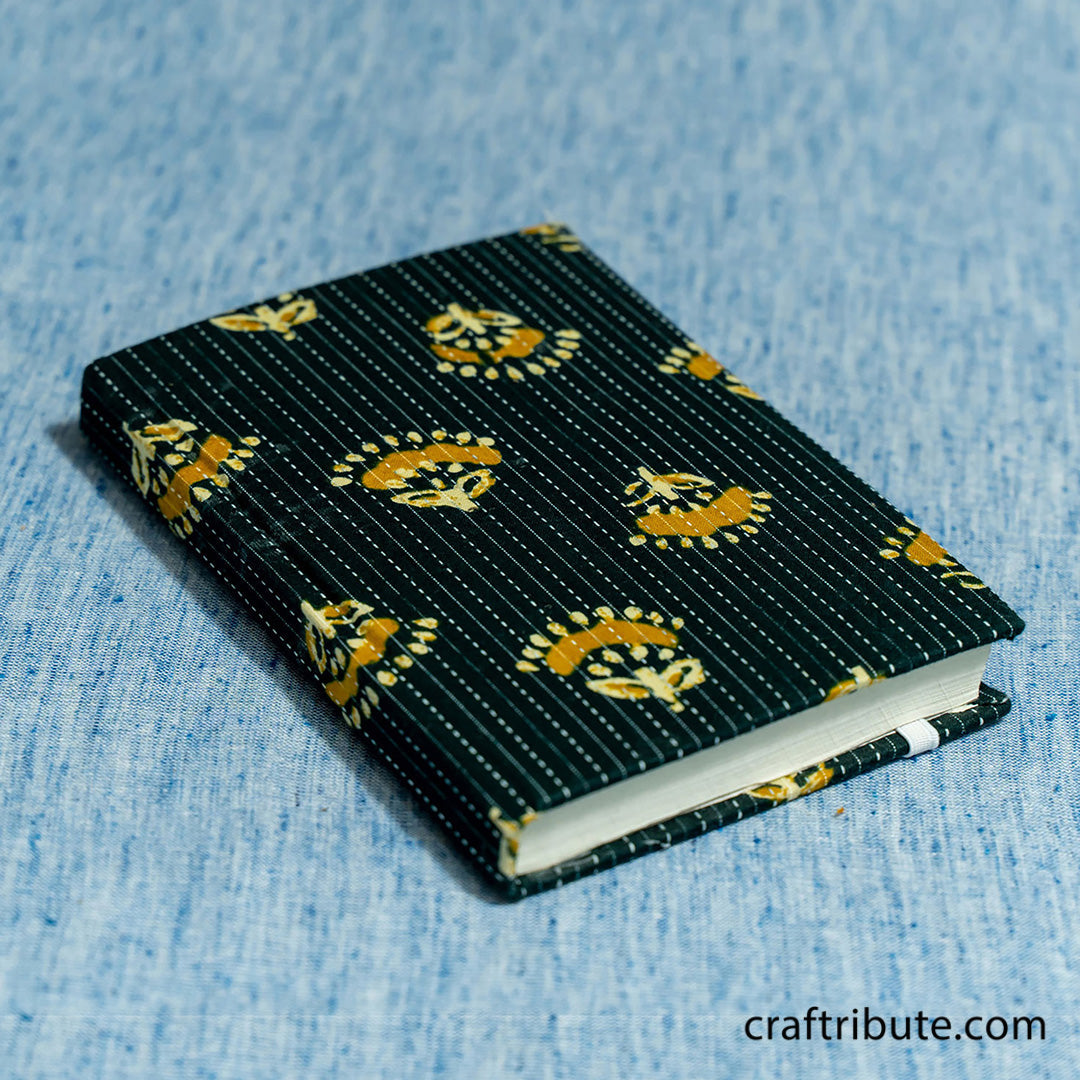 Handmade Paper Notebook with elastic band – Golden Flowers