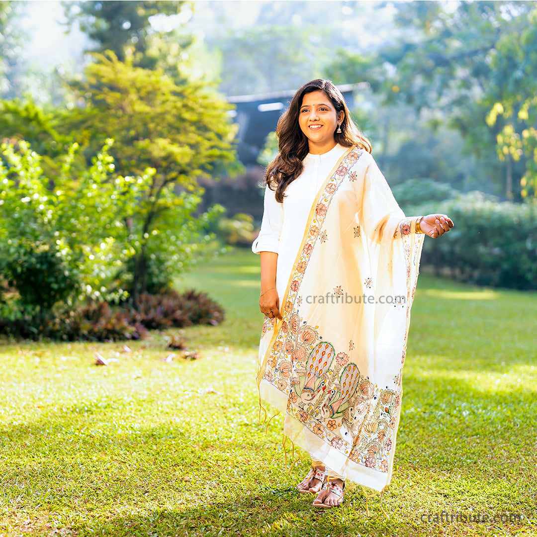 Madhubani hand painted Dupatta - Golden