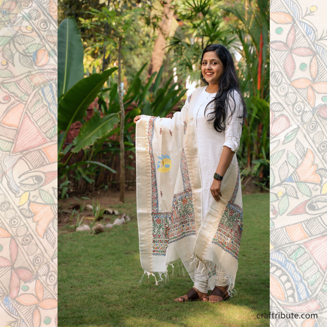 Madhubani hand painted Cotton Silk Dupatta – Gopi Temple Border