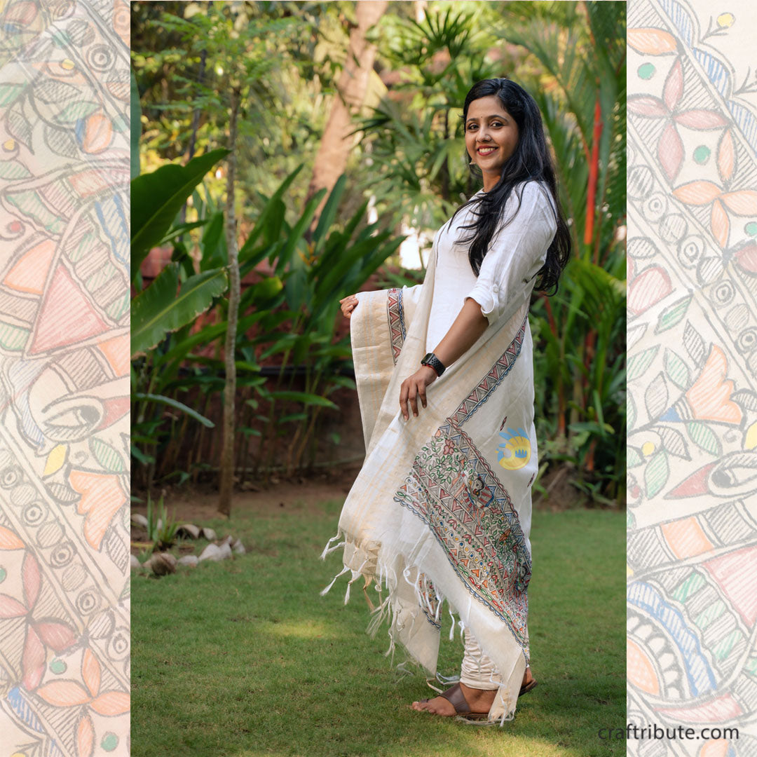 Madhubani hand painted Cotton Silk Dupatta – Gopi Temple Border
