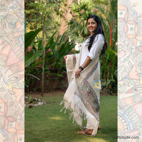 Madhubani hand painted Cotton Silk Dupatta – Gopi Temple Border