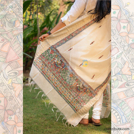 Madhubani hand painted Cotton Silk Dupatta – Gopi Border