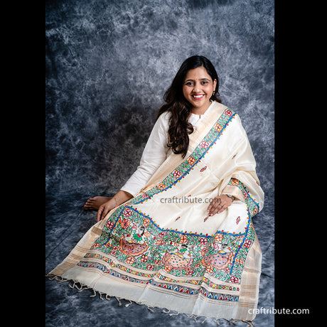 Kosa Silk hand painted dupatta with Madhubani design