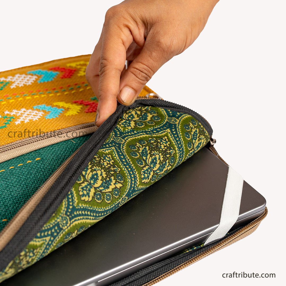 Inside view of the 15" Jute Laptop Sleeve showcasing the soft padding and elastic corners for extra protection of your laptop
