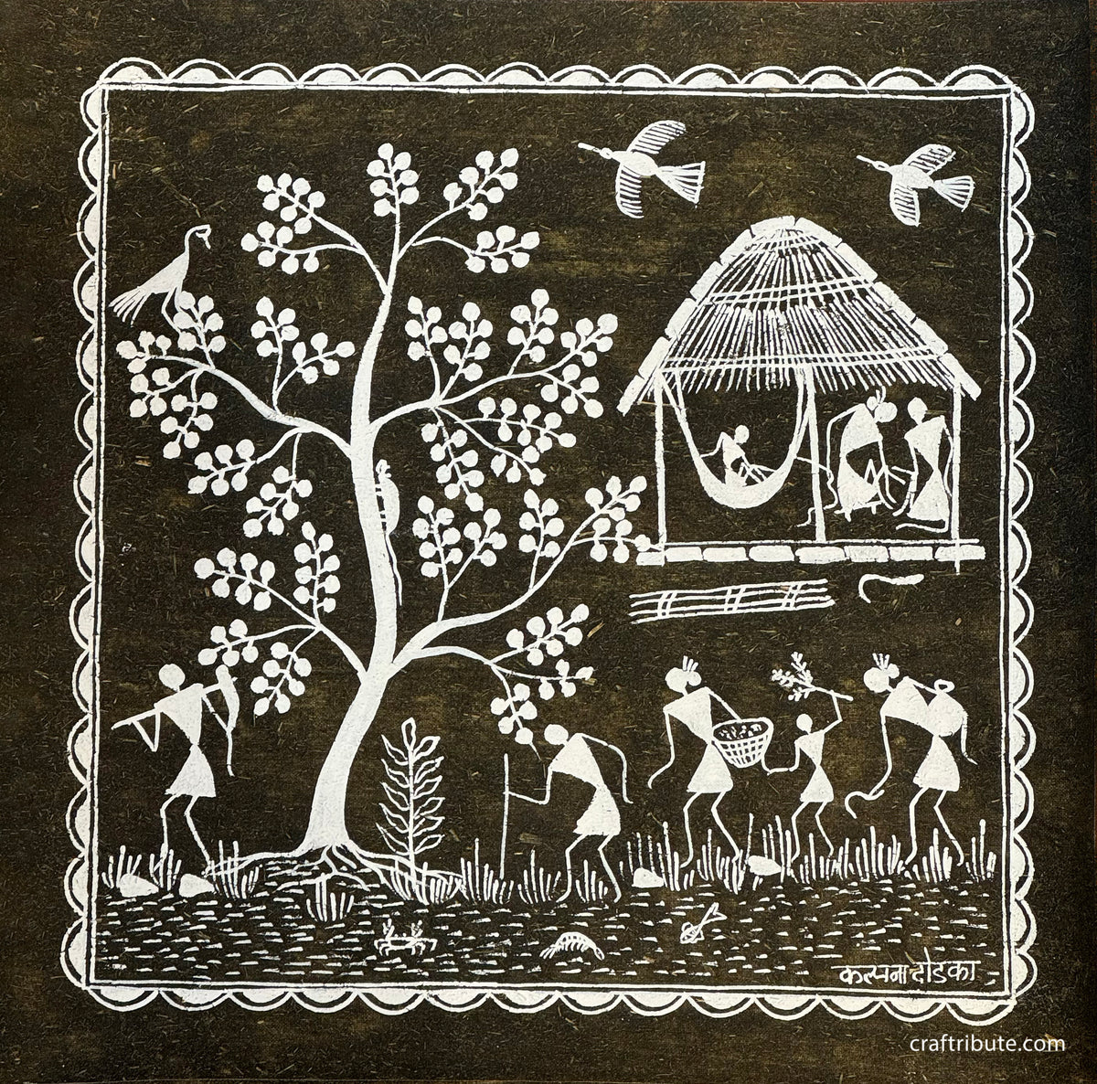 Authentic Tribal Warli Painting | Craftribute | Tree & House | Wall Decor 30 cm x 30 cm