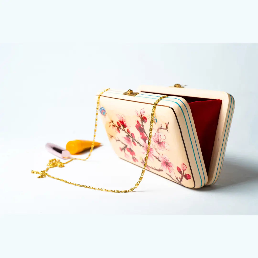 Hand painted Kashmir Naqashi Clutch – Cherry Blossom