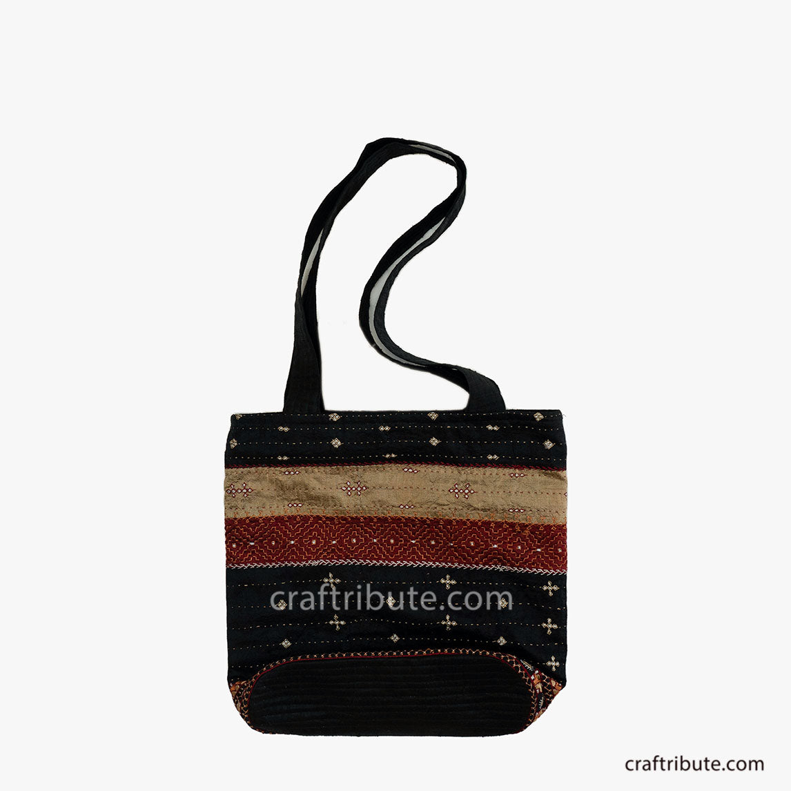 Back side of a Kutch Khudi Sebha, Hand Embroidered Tote Bag with Stripes in black & beige colour combination