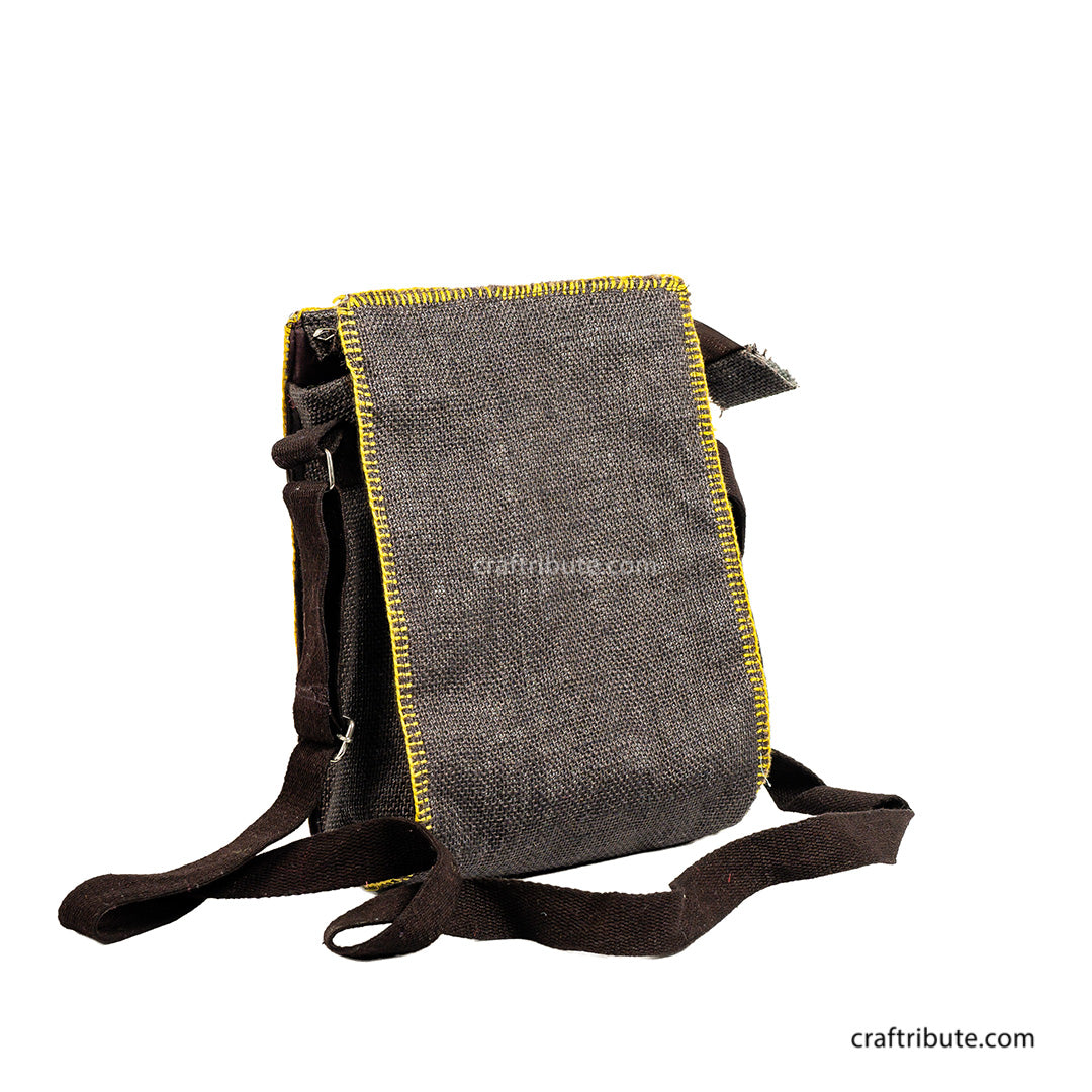 Jute Sling Bag With Tribal Hand Embroidery | Kamli Tribes | Brown | 19 cm x 23 cm
