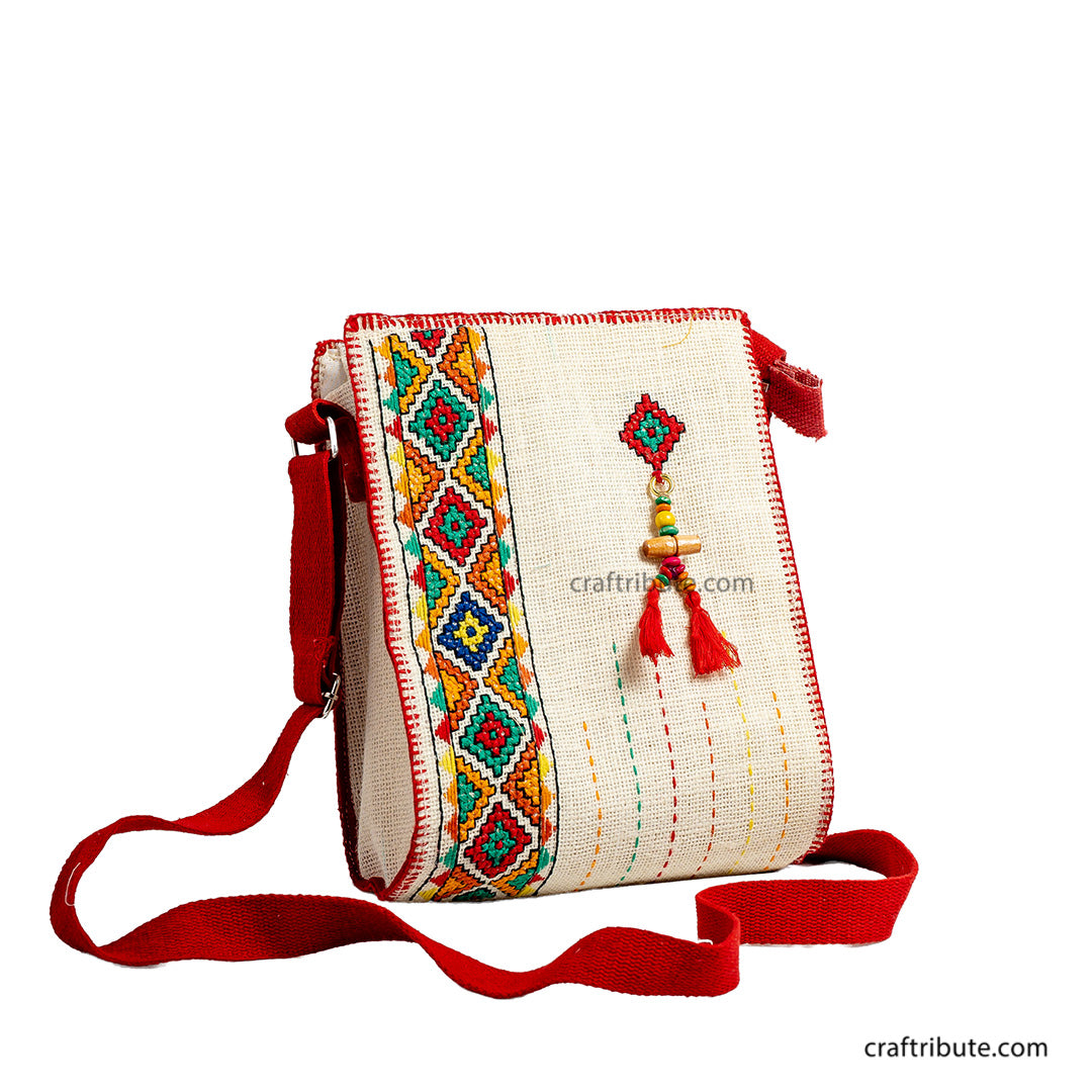 Jute Sling Bag With Tribal Hand Embroidery | Kamli Tribes | With Tassel | 19 cm x 23 cm