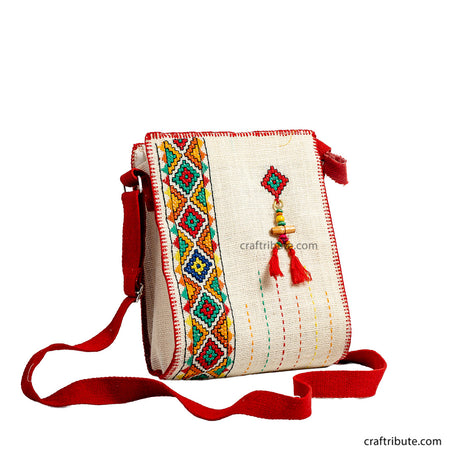 Jute Sling Bag With Tribal Hand Embroidery | Kamli Tribes | With Tassel | 19 cm x 23 cm