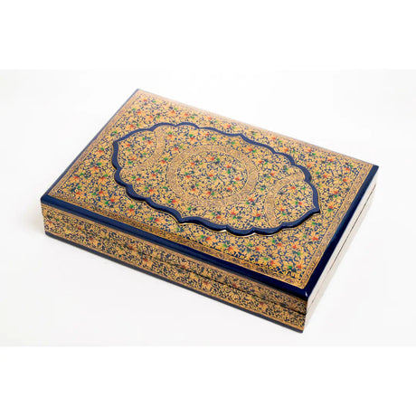 Hand painted Jewellery Box in Blue and Golden with intricate Naqashi Design from Srinagar, Kashmir
