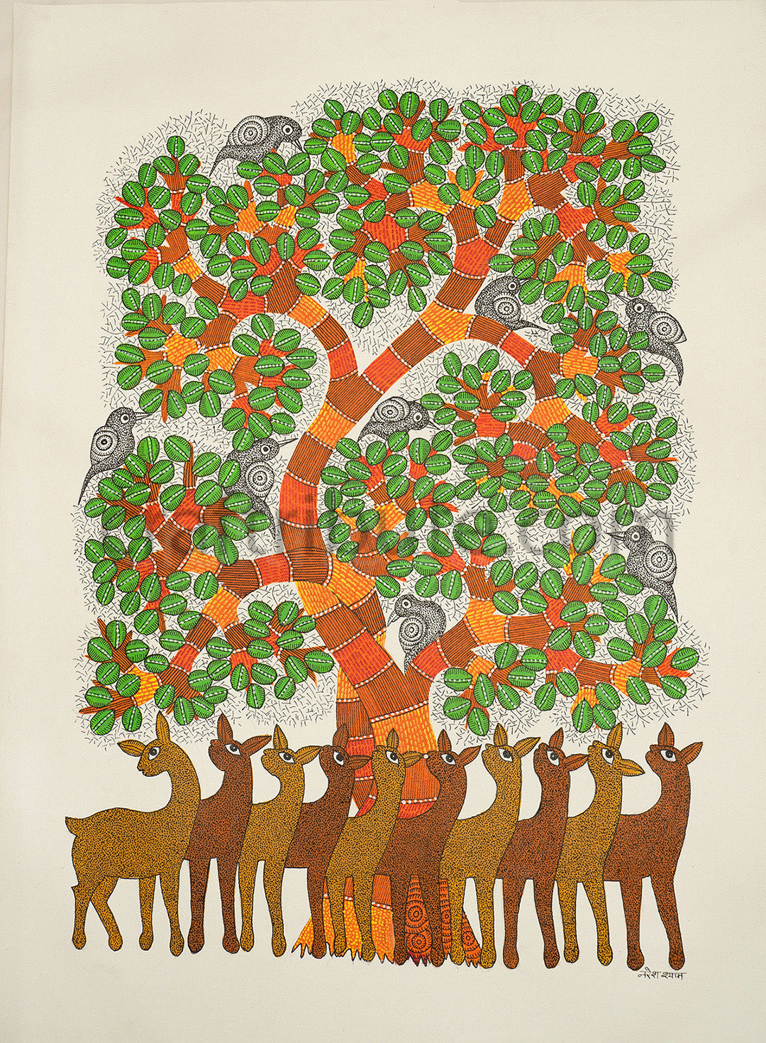 Gond Painting – Ten deer under a tree