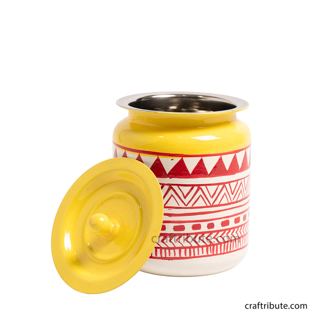 hand painted Naqashi steel jar in white and red geometric design and a lid