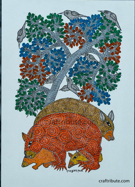 Authentic Gond Painting with frame rendering bears under a tree