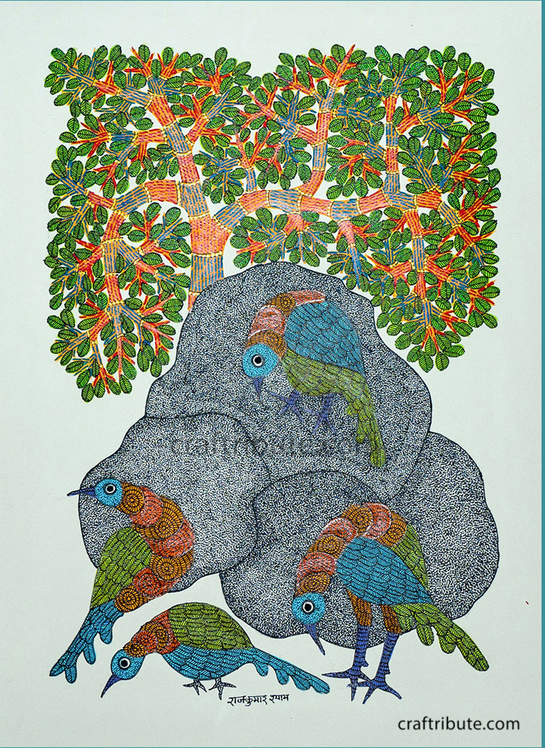 Tribal Gond Art depicting birds foraging on rock