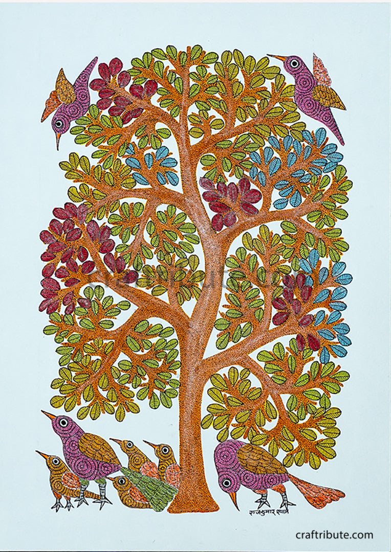 Intricate & Colourful Authentic Tribal Art from Madhya Pradesh that vividly paints birds under a tree