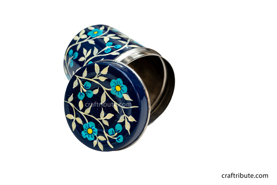 Hand painted steel container with floral design by Naqashi artisans from Kashmir