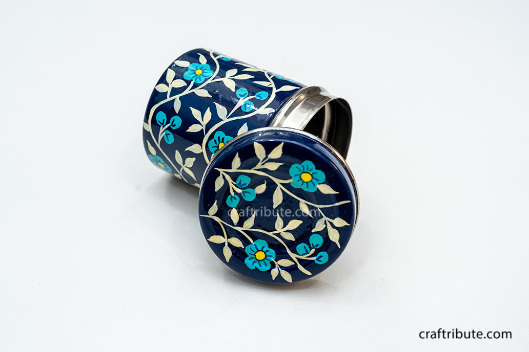 Hand painted steel container in blue and white by Naqashi artisans from Kashmir