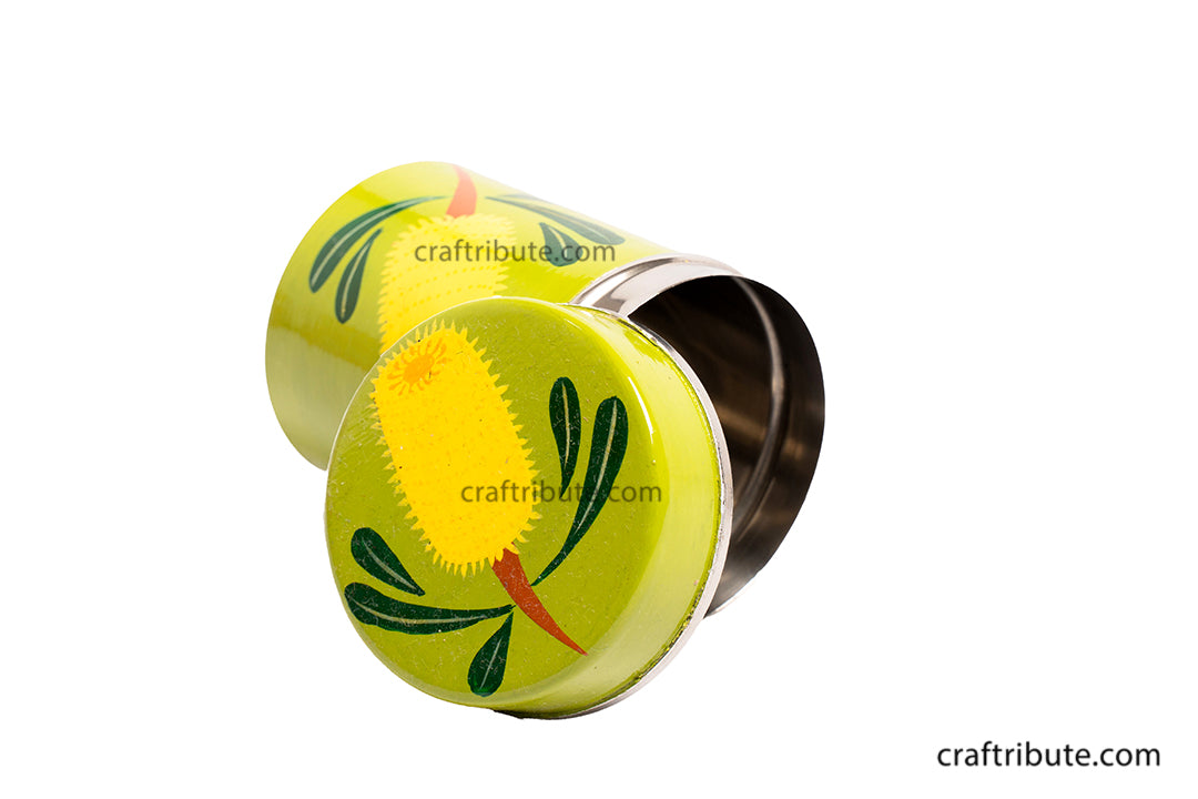 Artistic view of hand painted Naqashi steel container from Kashmir