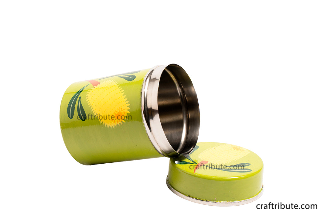 Side view of hand painted Naqashi steel container from Kashmir