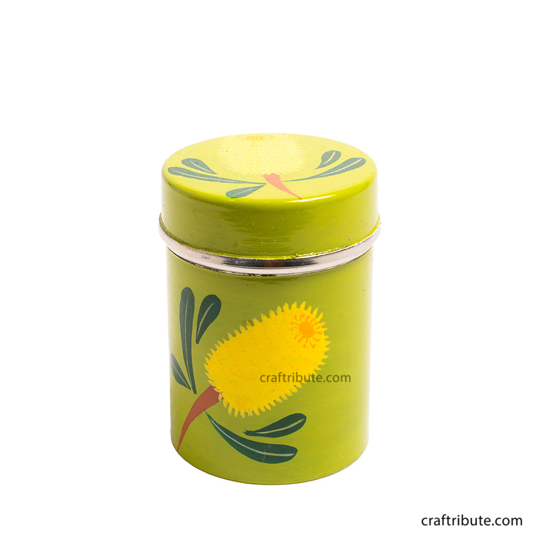 Front view of hand painted Naqashi steel container from Kashmir