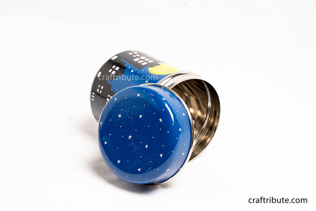 hand painted Naqashi container with beautiful city silhouette and night sky on best quality steel