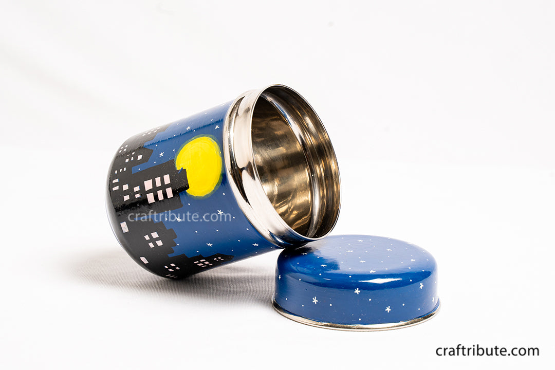 Artistic view of hand painted Naqashi container from the valley of Kashmir with beautiful city silhouette and night sky on 304 quality steel