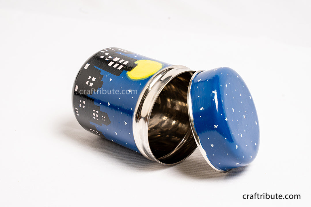 Hand painted Naqashi container with beautiful city silhouette and night sky on best quality steel